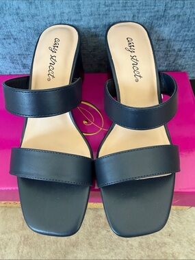 easy street Navy Double-Strap Block Heels for Women 7N